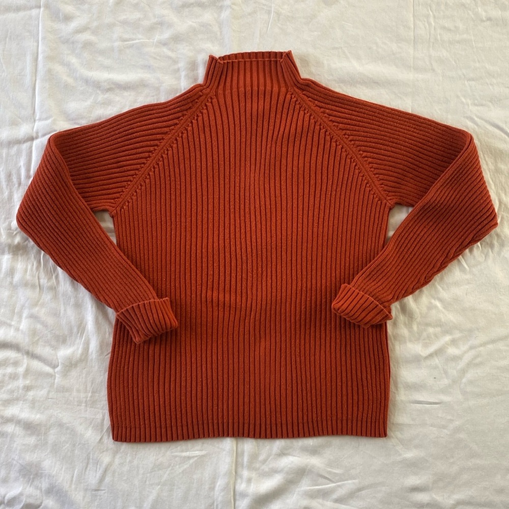 100% cotton sweater, mock neck sweater, orange cotton sweater, women’s M/L